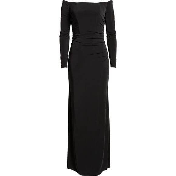 La Femme Black Witchy Off the Shoulder Long Sleeve Jersey Gown Sz 8 $345 NWOT - Picture 3 of 4